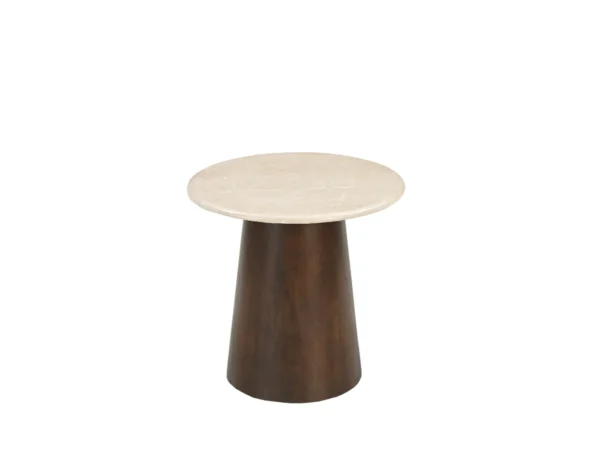 Trendy marmeren ronde salontafel met hout. Stijlvol marmeren blad en typeert zich door de combinatie met houten onderstel en ronde vorm.