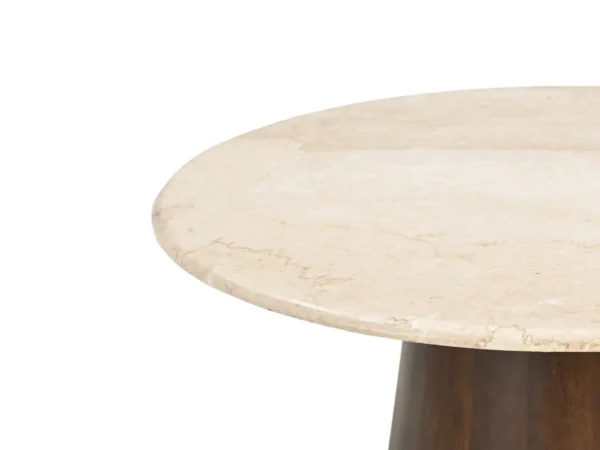 Trendy marmeren ronde salontafel met hout. Stijlvol marmeren blad en typeert zich door de combinatie met houten onderstel en ronde vorm.