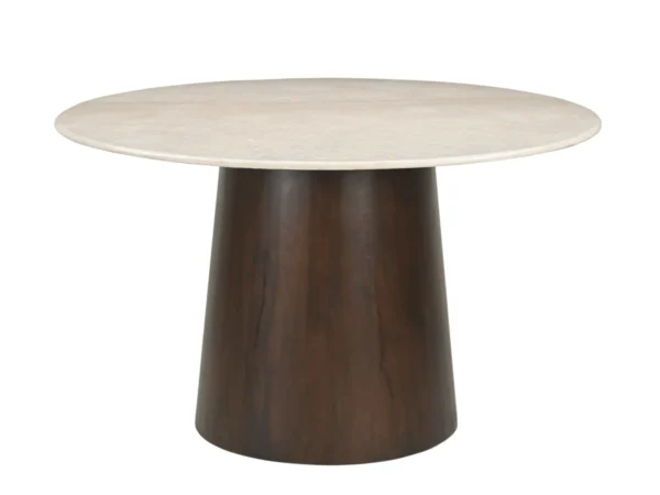 Runder Marmor-Esstisch mit Holzbein. Dieser Tisch ist mit einer runden Marmorplatte ausgestattet und zeichnet sich durch sein ausgeprägtes konisches Rundbein aus.