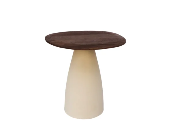 Trendy salontafel beige hout. Deze tafel is uitgevoerd met een organisch rond houten blad en typeert zich door combinatie van hout en beige onderstel