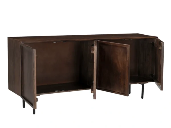 Dark brown dresser with minimalist hinged doors. This sleek chest is typified by minimalist style and clean doors.
