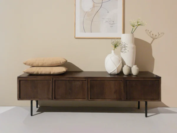 Sleek dark brown Tv cabinet with minimalist hinged doors. This sleek Tv cabinet comes with hinged doors, minimalist style.
