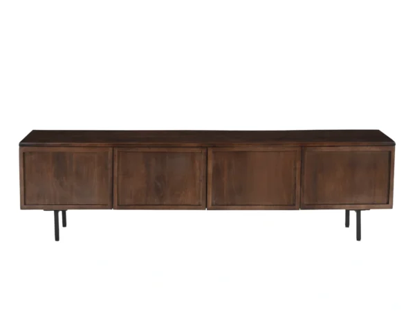 Sleek dark brown Tv cabinet with minimalist hinged doors. This sleek Tv cabinet comes with hinged doors, minimalist style.