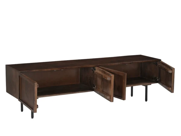 Sleek dark brown Tv cabinet with minimalist hinged doors. This sleek Tv cabinet comes with hinged doors, minimalist style.