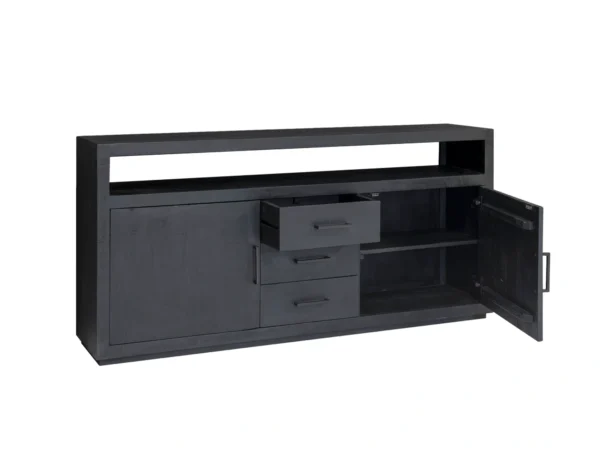Schwarze Kommode mit offenem Fach. Diese moderne Kommode ist mit Flügeltüren und Schubladen, Unterschrank flachen Fußleiste ausgestattet.