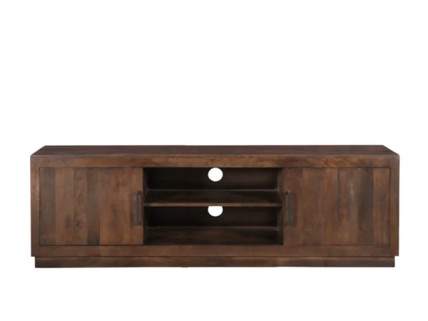 Meuble TV étroit avec compartiment central ouvert. Ce meuble TV moderne est doté de portes à charnières. Style minimaliste et compartiment ouvert.