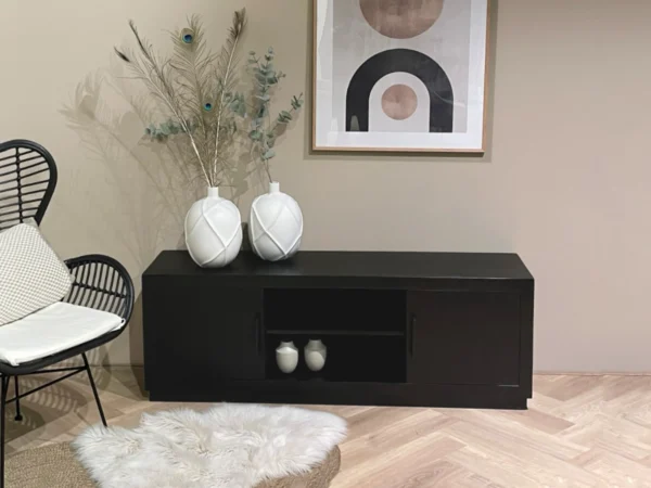 Black TV cabinet with open middle compartment. This modern Tv cabinet comes with hinged doors. Minimalist style and open compartment.