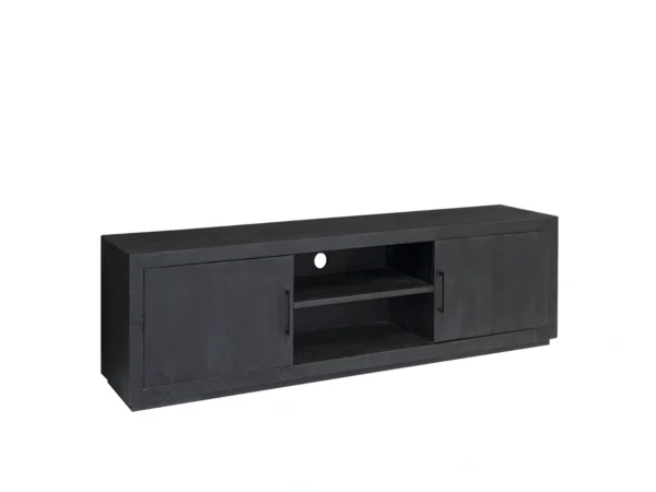Black TV cabinet with open middle compartment. This modern Tv cabinet comes with hinged doors. Minimalist style and open compartment.