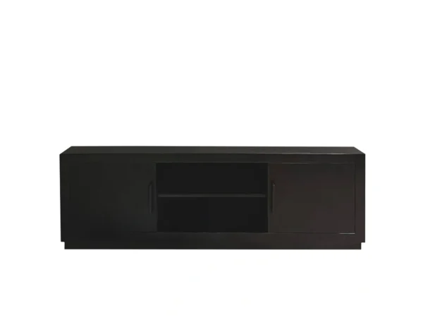 Black TV cabinet with open middle compartment. This modern Tv cabinet comes with hinged doors. Minimalist style and open compartment.