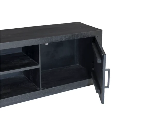 Black TV cabinet with open middle compartment. This modern Tv cabinet comes with hinged doors. Minimalist style and open compartment.