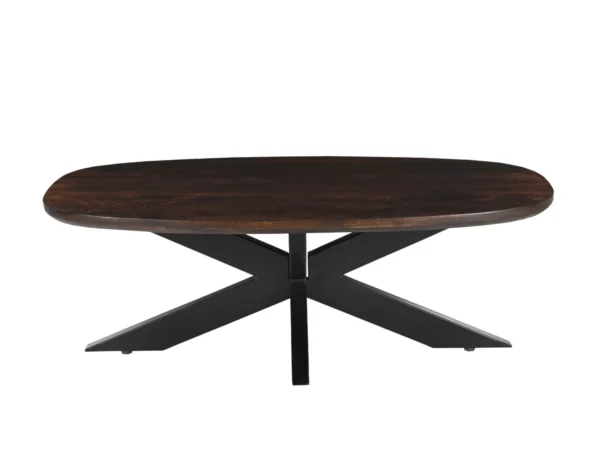 Dunkelbrauner Designer-Couchtisch aus robustem Hartholz mit Metallbein. Dieser Couchtisch hat ein Spinnenbein und eine ovale Platte im dänischen Design.
