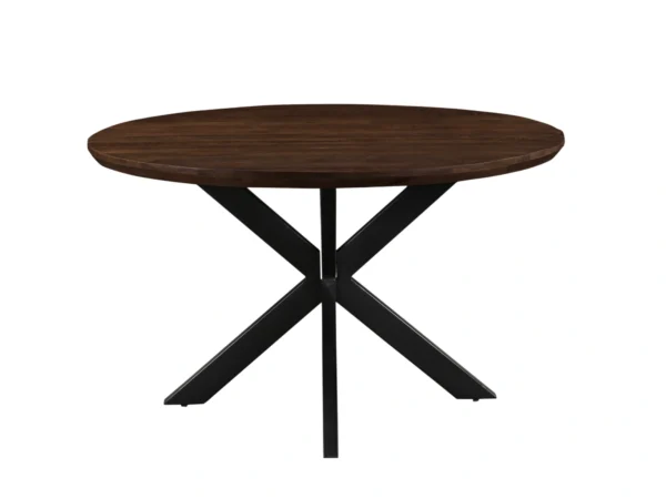 Table de salle à manger design marron foncé ronde en bois dur durable avec pied en métal. Cette table présente un pied en forme d'araignée et un plateau rond.