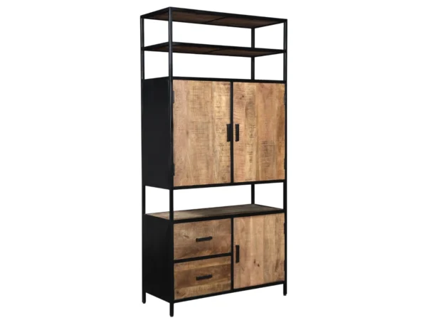 Offener Hängeschrank mit Fächern und Türen. Dieser offene Hängeschrank zeichnet sich durch seinen minimalistischen Stil und seine offenen Fächer aus.
