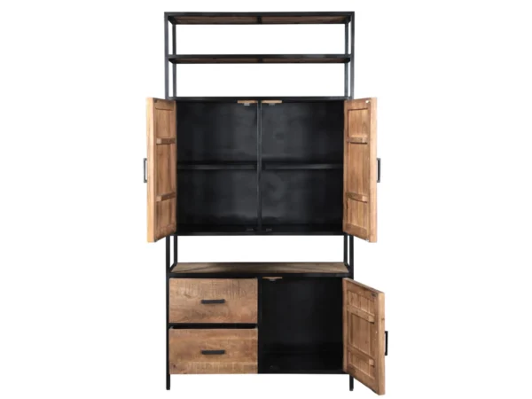 Offener Hängeschrank mit Fächern und Türen. Dieser offene Hängeschrank zeichnet sich durch seinen minimalistischen Stil und seine offenen Fächer aus.