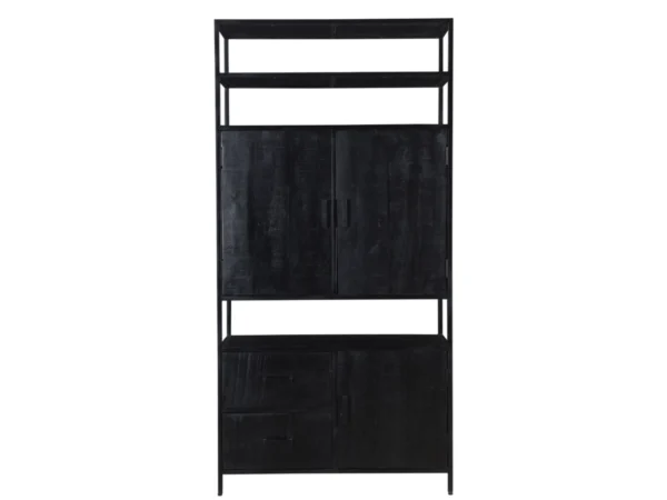 Offener schwarzer Hängeschrank mit Fächern und Türen. Dieser offene schwarze Hängeschrank zeichnet sich durch seinen minimalistischen Stil und seine offenen Fächer aus.