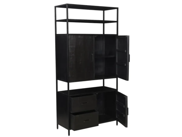 Offener schwarzer Hängeschrank mit Fächern und Türen. Dieser offene schwarze Hängeschrank zeichnet sich durch seinen minimalistischen Stil und seine offenen Fächer aus.