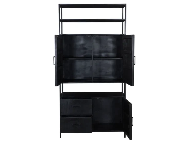 Offener schwarzer Hängeschrank mit Fächern und Türen. Dieser offene schwarze Hängeschrank zeichnet sich durch seinen minimalistischen Stil und seine offenen Fächer aus.