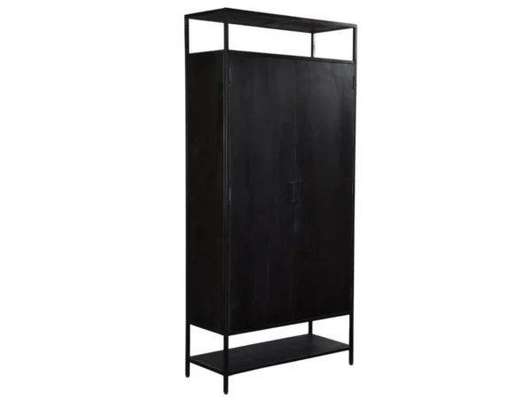 Zwarte wandkast met open vakken en deuren. Deze houten wandkast typeert zich door de minimalistische stijl en open vakken.