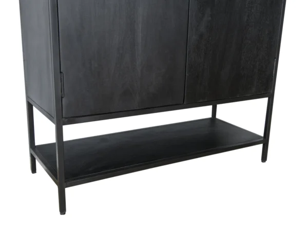 Zwarte wandkast met open vakken en deuren. Deze houten wandkast typeert zich door de minimalistische stijl en open vakken.