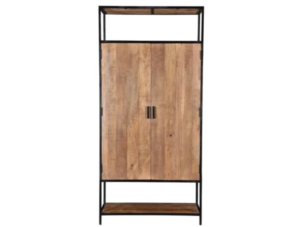 Houten wandkast met open vakken en deuren. Deze houten wandkast typeert zich door de minimalistische stijl en open vakken.