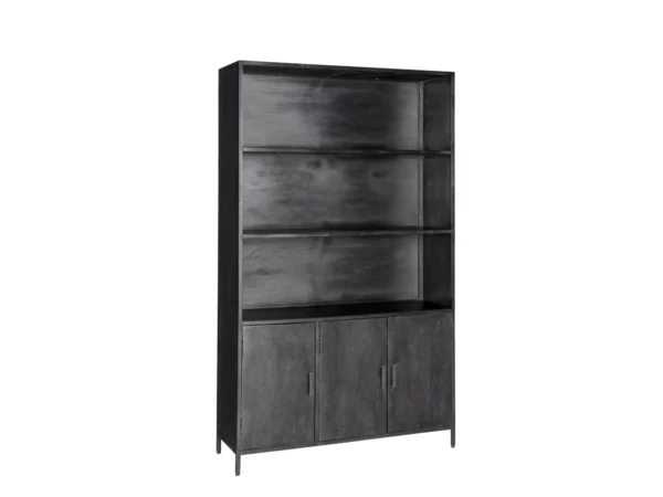 Modernes schwarzes Bücherregal mit Einlegeböden und Türen. Dieses moderne schwarze Bücherregal zeichnet sich durch seinen minimalistischen Stil aus.