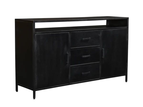 Industrial black sideboard with metal base. This industrial black sideboard is characterised by the open compartment above the drawers and doors.