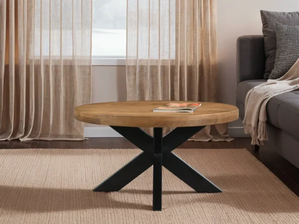 Industriële ronde of ovale salontafel met metalen onderstel. Deze tafel is uitgevoerd met een rond of ovalen blad.