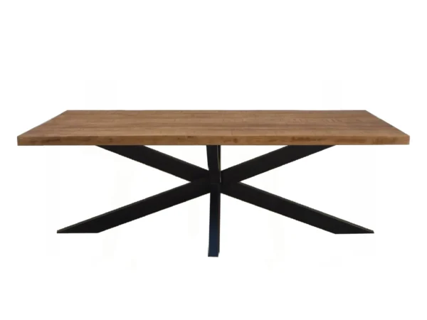 Table de salle à manger industrielle en bois avec pied araignée en métal. Cette table est dotée d'un plateau en bois dur durable et d'un pied araignée en métal.