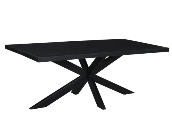 Industriële zwarte eettafel hout met metalen spinpoot. Deze tafel is uitgevoerd met een duurzaam hardhouten blad en metalen spinpoot.