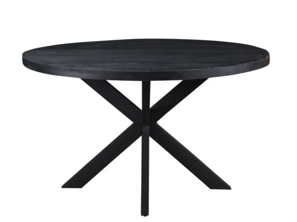 Industriële ronde zwarte eettafel hout met metalen spinpoot. Deze tafel is uitgevoerd met een duurzaam hardhouten blad.