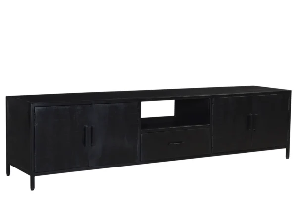 Zwart industrieel Tv-meubel met open middenvak. Deze moderne Tv-kast is uitgevoerd met draaideuren en lade.