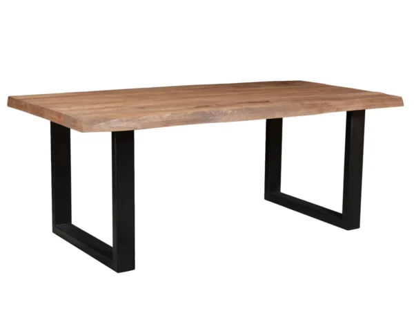 Industrieller Baumstammtisch mit Metall-U-Fuß. Dieser Tisch verfügt über eine robuste Hartholzplatte, ein Baumstamm-Modell und einen U-Fuß aus Metall.