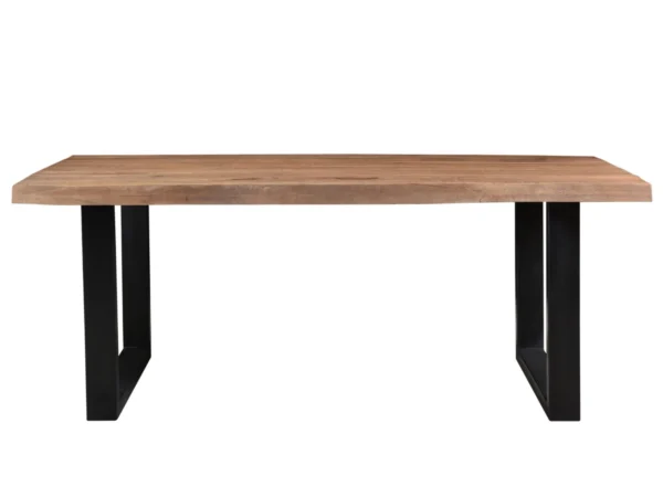 Industrieller Baumstammtisch mit Metall-U-Fuß. Dieser Tisch verfügt über eine robuste Hartholzplatte, ein Baumstamm-Modell und einen U-Fuß aus Metall.