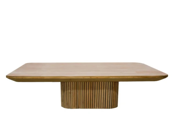 Trendy teak coffee table, fitted with a centre leg with slats. This table features a stylish base and rounded top.
