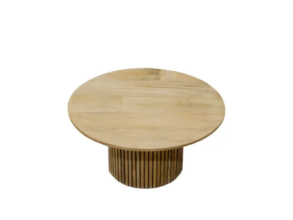 Trendy teak coffee table, fitted with a centre leg with slats. This table features a stylish base and rounded top.