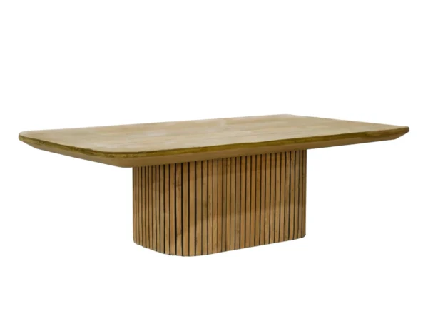 Table de salle à manger tendance en teck, équipée d'un pied central à lattes. Cette table présente une base élégante et un plateau arrondi.