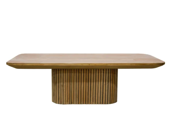 Table de salle à manger tendance en teck, équipée d'un pied central à lattes. Cette table présente une base élégante et un plateau arrondi.