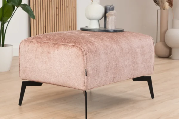 Sustainable, contemporary, and comfortable chenille pouf with round elements and cushions. Comfortable footstool with high Martindale score - TEAK2.