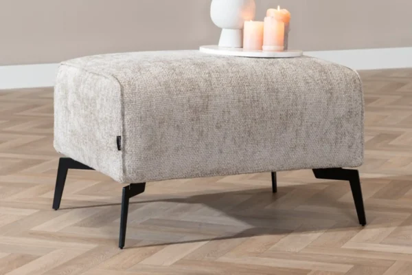 Sustainable, contemporary, and comfortable chenille pouf with round elements and cushions. Comfortable footstool with high Martindale score - TEAK2.