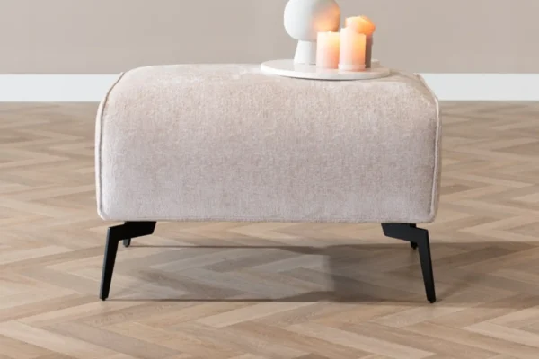 Sustainable, contemporary, and comfortable chenille pouf with round elements and cushions. Comfortable footstool with high Martindale score - TEAK2.