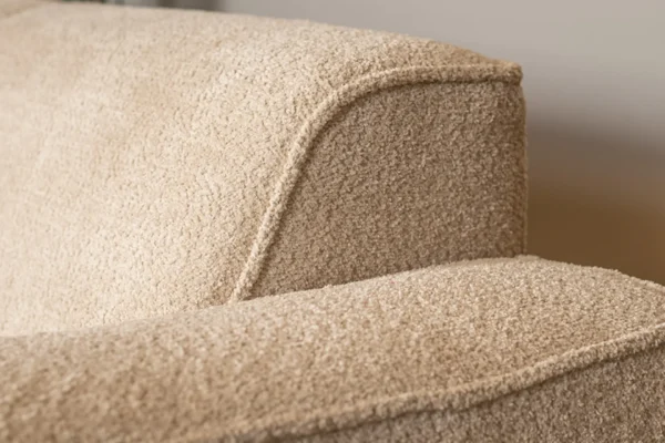 Sustainable, contemporary, and comfortable bouclé sofa with round elements and cushions. Bouclé sofa, high Martindale score - TEAK