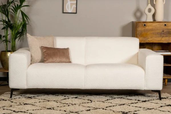 Sustainable, contemporary, and comfortable bouclé sofa with round elements and cushions. Bouclé sofa, high Martindale score - TEAK