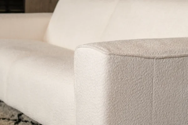 Sustainable, contemporary, and comfortable bouclé sofa with round elements and cushions. Bouclé sofa, high Martindale score - TEAK