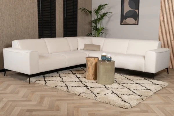 Duurzame, moderne en comfortabele hoekbank met ronde elementen in gerecycled polyester en metalen zwart onderstel - TEAK2.