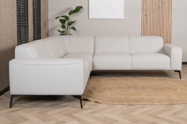Duurzame, moderne en comfortabele hoekbank met ronde elementen in gerecycled polyester en metalen zwart onderstel - TEAK2.