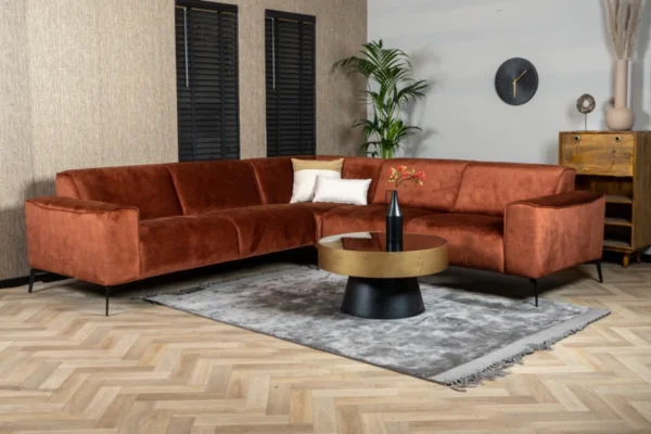 Duurzame, moderne en comfortabele hoekbank in velvet met ronde elementen en metalen zwart onderstel - meubelwinkel TEAK2.