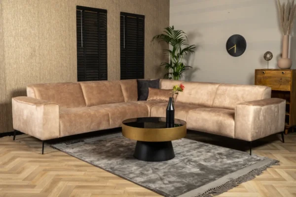 Duurzame, moderne en comfortabele hoekbank in velvet met ronde elementen en metalen zwart onderstel - meubelwinkel TEAK2.
