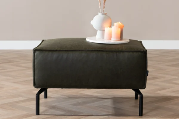 Sustainable, comfortable, and contemporary pouf in ECO leather with black metal base. Luxurious leather footstool, exclusive leather pouf - TEAK2.