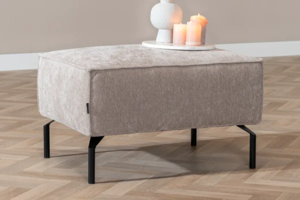 Duurzame, comfortabele en moderne poef in gerecycled polyester met metalen zwart onderstel. Design hocker in gemêleerde stof - TEAK2.