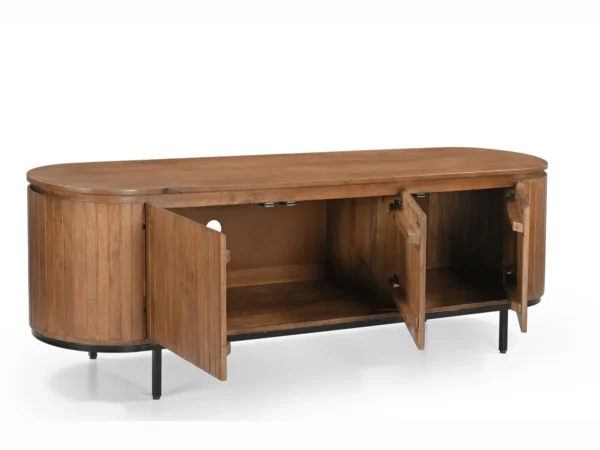 Trendiger TV-Schrank mit schickem, stilvollem Look. Dieser trendige TV-Schrank hat abgerundete Seiten und Holzlatten.